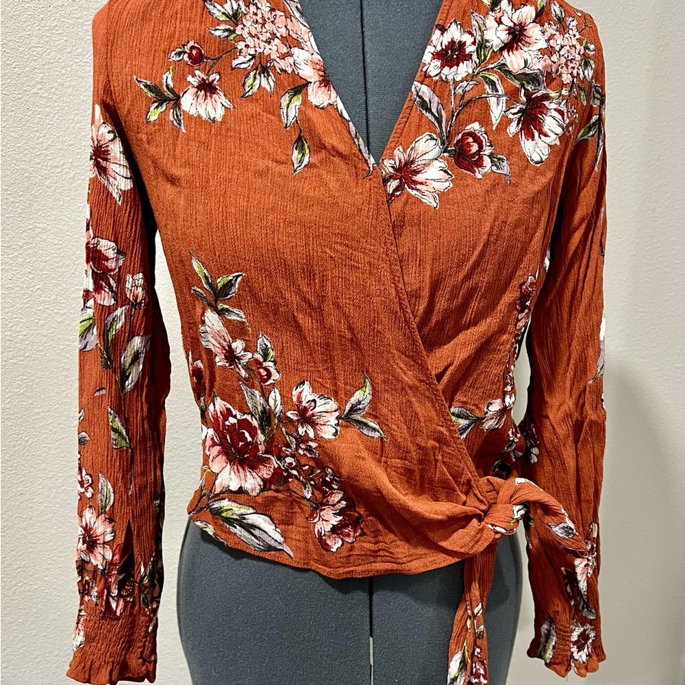 Mystree Floral Wrap Blouse - Rust and White